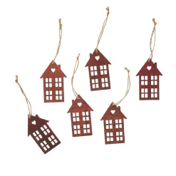 NANU-NANA Deko-Anhänger|Weihnachtsbaumschmuck*6er Set Anhänger Holz, Haus, Dunkelbraun