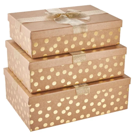 NANU-NANA Geschenkverpackung|Geschenkverpackungen*3er Set Geschenkkarton Dots/Schleife, Gold/lurex