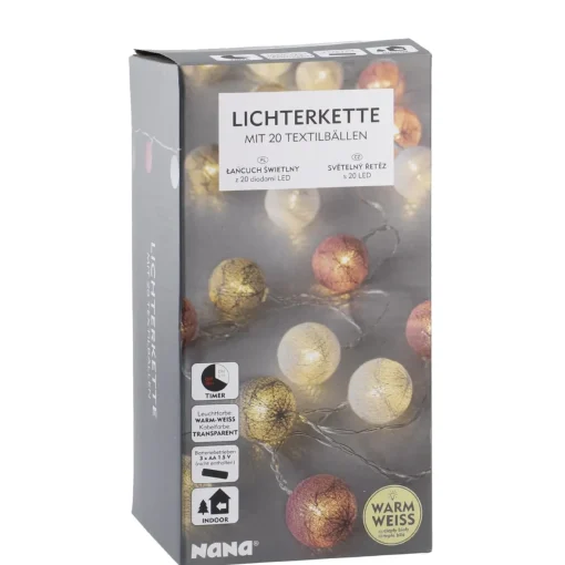 NANU-NANA Raumdeko Hochzeit|Hochzeitsdeko*Lichterkette Textilball, Weiß/grau/pink, 20 LED's